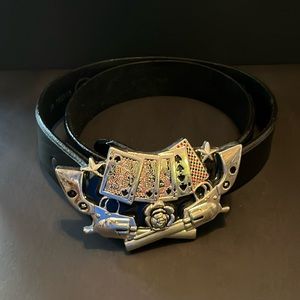 Leather Belt with Playing Cards Metal Buckle